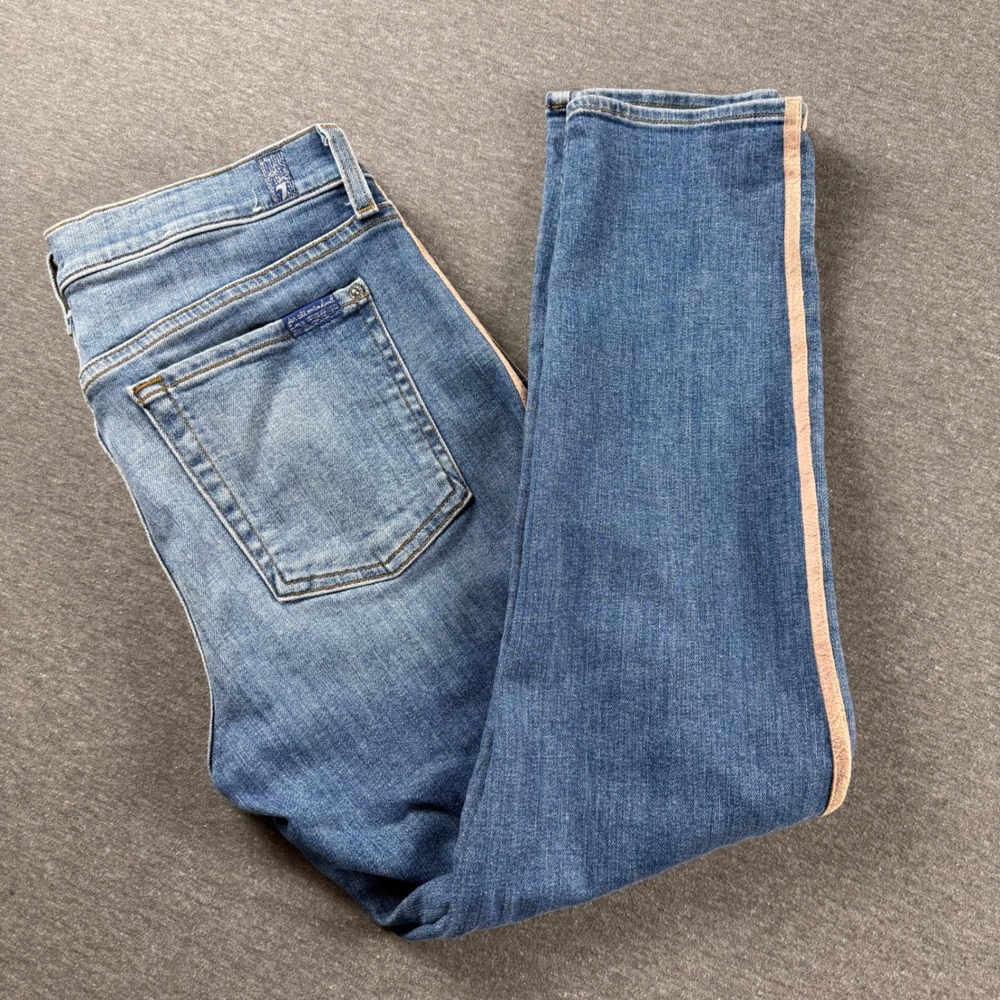 7 For All Mankind Womens 31 Skinny Jeans Medium Wash Tan Tuxedo Side Stripe USA
